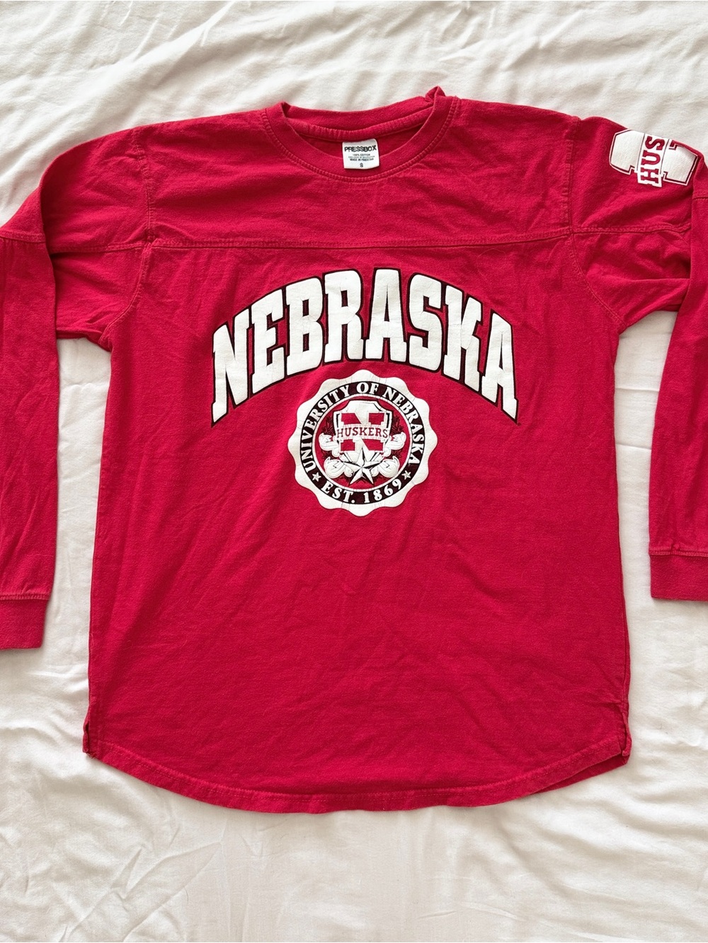 Pressbox Nebraska Long-Sleeve Tee in Red with White Graphics
